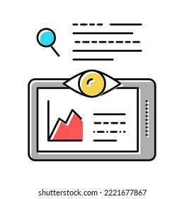 Recherche Infografiken auf Tablettenbildschirm-Farbsymbol-Vektorgrafik. Recherche Infografik auf Tablet-Bildschirm-Schild. einzelne Symbolillustration