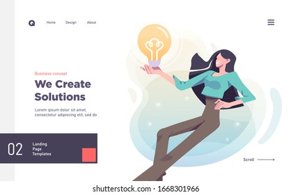 Research innovations and solutions. Presentation slide template or landing page website design. Business concept illustrations.