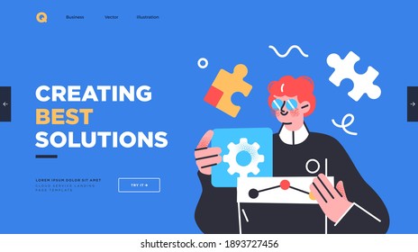 Research innovations and solutions. Presentation slide template or landing page website design. Business concept