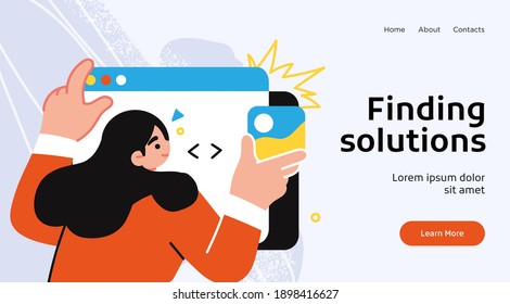 Research innovations and solutions. Presentation slide template or landing page website design. Business concept illustrations.