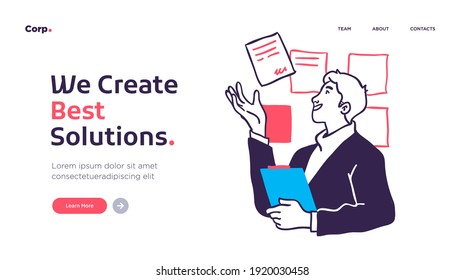 Research innovations and solutions. Presentation slide template or landing page website design. Business concept illustrations.