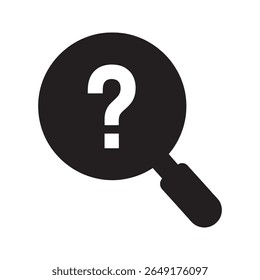 Research inquiry icon with a question mark in a magnifying glass representing a search for answers help information and frequently asked questions vector solid glyph icon