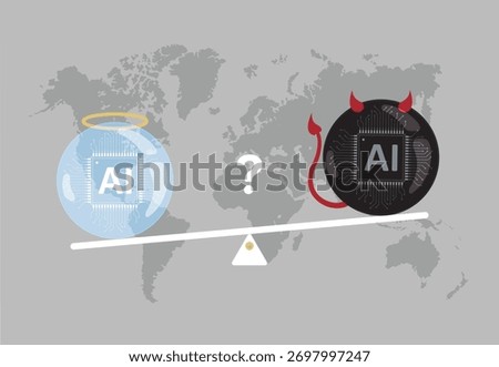 Research into the impact of growing artificial intelligence bubble on global economy - whether AI has more positive or negative effect. Flat vector of AI in form of an angel and a devil on a seesaw.