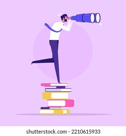 Research, investigation and curiosity concept. businessman standing on book looking at something with telescope spyglass trying to find something, find Opportunity, vector illustration