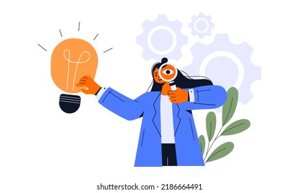 Research, Investigation And Curiosity Concept. People Cartoon Character Standing Looking At Something With Magnifier Trying To Find Something. Vector Isolated Concept Metaphor Illustration.