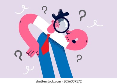 Research, investigation and curiosity concept. Young positive businessman cartoon character standing looking at something with magnifier trying to find something vector illustration - Shutterstock ID 2056309172