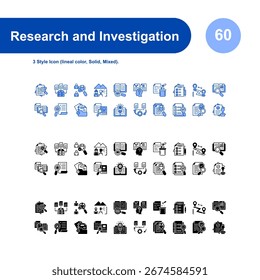 Research and Investigation icon set. with 3 Style Icon (lineal color, Solid, Mixed).