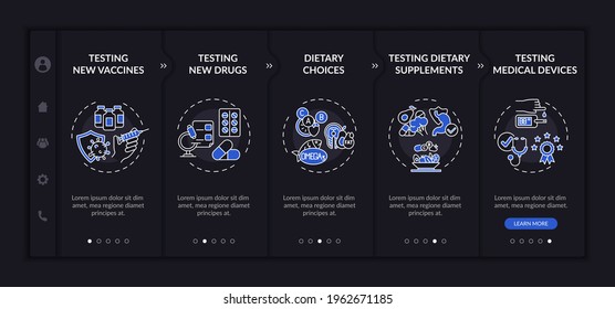 Research kinds onboarding vector template. Responsive mobile website with icons. Web page walkthrough 5 step screens. Dietary choices, drugs testing night mode concept with linear illustrations