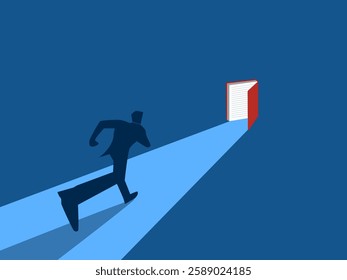 Research, Knowledge, Businessman running to the open book door