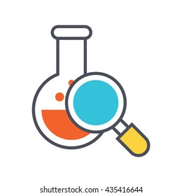 research lab concept, flask, magnifying glass
