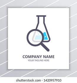 Research Lab Find Logo Design Concept, laboratory bottle and magnifying glass element, used for chemical company, etc