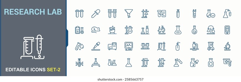 Research Lab icons. Featuring experiment, beaker, element, equipment and more. Minimalistic icons. Editable stroke.