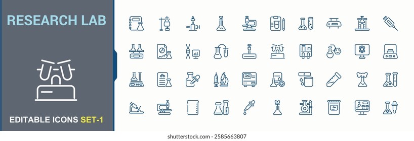 Research Lab icons. Featuring experiment, beaker, element, equipment and more. Minimalistic icons. Editable stroke.