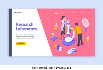 Research labolatory. Isometric illustration of web page banner with scientists and medical equipment offering information to learn about research laboratory. Landing page template