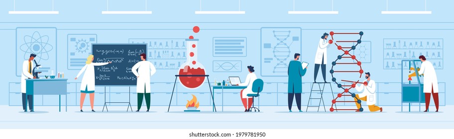 Research laboratory. Chemical or medical laboratory with scientists. Dna research, scientific experiment, drug development vector illustration. Genetic lab, workers analyzing blood