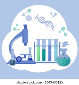 Concepto de laboratorio de investigación en ilustración vectorial de diseño plano. Microscopio, tubos con diferentes líquidos. 