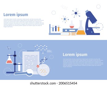 Research laboratory with equipment banner. Doing experiments in medical lab. Pharmaceutical biochemistry vector concept. Flasks and tubes with liquids for chemical or pharmaceutical analysis