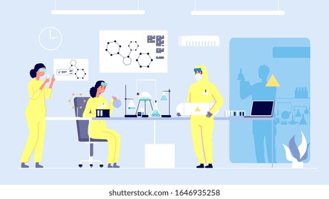 Research laboratory. Female scientists, professional medicine lab. Doctor education, chemistry students and equipment. Medical innovation and experiments vector concept