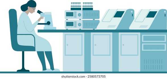 Research laboratory. Medical lab with scientist. Genetic lab,  woman working with microscope. Flat vector illustration