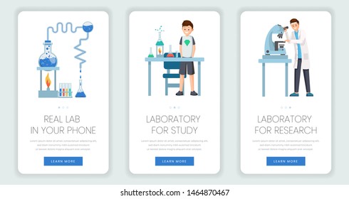 Research laboratory mobile webpage templates set. Modern technologies for doing experiments, teaching chemistry at school. Scientific discoveries, medical breakthrough mobile app website page design