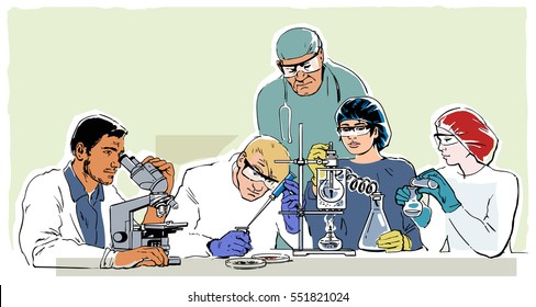 Research laboratory in retro style Young scientists working in the lab under the guidance of senior doctor. Hand drawn vector illustration. Healthcare concept.