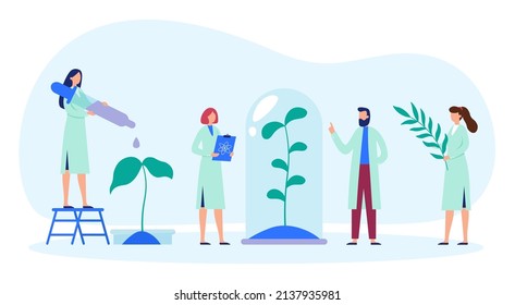 Research laboratory. Scientists researching and examining plant growth. Biologist standing on ladder and dropping liquid. Cartoon people in robs working with chemicals in lab vector illustration