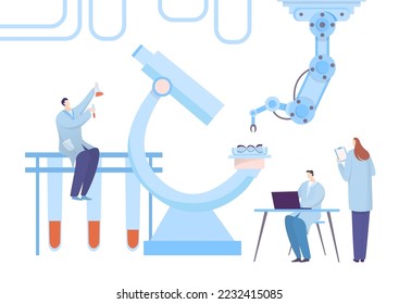 Research laboratory workplace, tiny professional character research scientist specialist worker flat vector illustration, isolated on white.