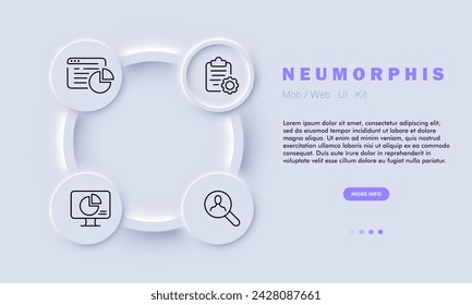 Research line icon. Digital research, online investigation, data retrieval, monitor, magnifying glass, graph, computer, list, website. Neomorphism style. Vector line icon for business and advertising