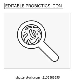  Research line icon. Magnifier examine bacteries. Probiotics concept. Isolated vector illustration. Editable stroke