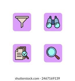 Research line icon set. Binoculars, magnifying glass, funnel and documents. Business report and analysis concept. Vector illustration for web design and apps
