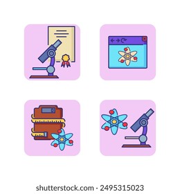 Research line icon set. Microscope with atom and certificate, lab scales. Science concept. Vector illustrations can be used for topics like laboratory, experiment, chemistry