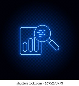 research, magnifier, analytic blue neon vector icon. Blue and yellow neon vector icon. Transparent background