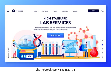 Research medical and genetic science laboratory. Scientists and assistants carry out experiments and studies in lab, using biochemistry modern equipment. Vector characters illustration.