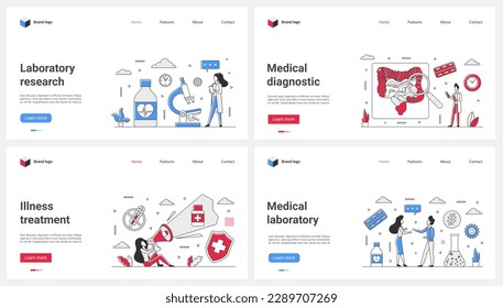 Research in medical laboratory and diagnosis, treatment of diseases in hospital set vector illustration. Cartoon tiny doctors with magnifying glass examine organs, people work with lab microscope