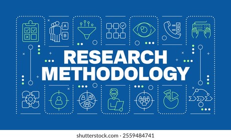 Research methodology blue gray word concept. Marketing planning, audience. Interview, communication. Horizontal vector image. Headline text surrounded by editable outline icons