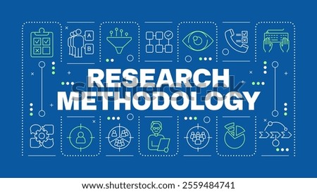 Research methodology blue gray word concept. Marketing planning, audience. Interview, communication. Horizontal vector image. Headline text surrounded by editable outline icons