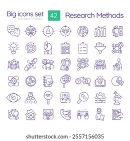 Research methods linear icons set. Marketing strategy. Statistics, analytics. Feedback, survey. Customizable thin line symbols. Isolated vector outline illustrations. Editable stroke