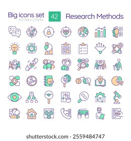 Research methods RGB color icons set. Target audience, marketing strategy. Communication, culture, Isolated vector illustrations. Simple filled line drawings collection. Editable stroke