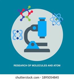 research of molecules and atoms with microscope electrons positrons chemical structure on blue background
