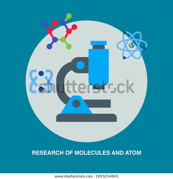 research of molecules and\
atoms with microscope electrons positrons chemical structure on\
blue background