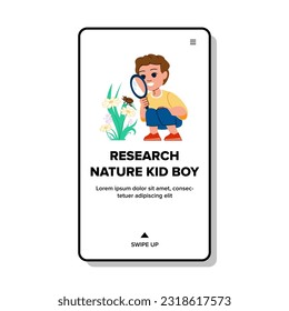 Forschung Natur-Kind-Vektorgrafik. Bildungssommer, Neugier-Kindheit, Mädchen, Kinder, Entdeckungsreise, Lupe-Glas-Forschung Natur Junge Web-Cartoon-Illustration