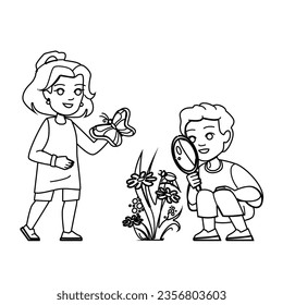 Forschung Natur Kind Vektorgrafik. Bildungssommer, Neugier im Freien, Mädchen im Freien, Abenteuerbaum, Entdeckung der jungen Forschung Natur Kinderfigur. Leuten-Schwarzzeilengrafik