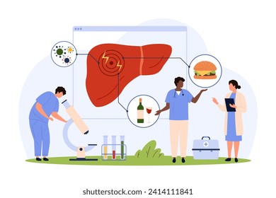 Research on liver health and disease. Tiny people warning about liver damage from infection, poisoning from bad diet of alcohol and fastfood, medical infographic chart cartoon vector illustration