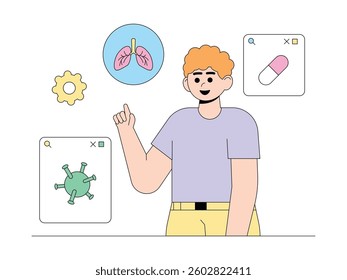 Research on viruses that attack the heart and how to prevent it, semi outline style, vector illustration.