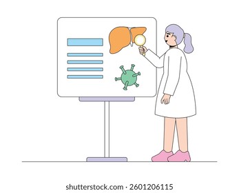 Research on viruses that have the potential to attack human liver organs, semi outline style, vector illustration.