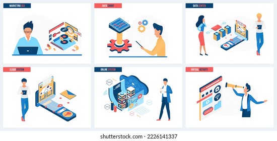 Research of online cloud system, SEO marketing service set vector illustration. Cartoon tiny people look through telescope at creative work of computers and data center, research charts presentation
