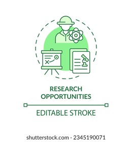 Icono de concepto verde de oportunidades de investigación. Estudiante universitario. Ciencia agrícola. Programa universitario. Científico de laboratorio. Ilustración de línea de forma redonda. Idea abstracta. Diseño gráfico. Fácil de usar