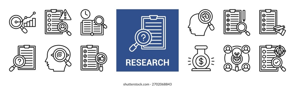 Conjunto de ícones do esboço de pesquisa. análise, investigação, estudo, exploração, exame, avaliação, pesquisa, observação, revisão, experimento, descoberta, ícones de avaliação coleção do esboço