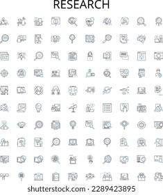 Sammlung von Symbolen wird in der Recherche umrissen. Forschung, Untersuchung, Exploration, Analyse, Studie, Untersuchung, Untersuchung, Prüfung, Vektorgrafik-Satz Assay. Aufschlüsselung, Prüfung, lineare Befragung