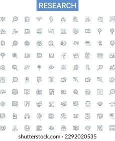Sammlung von Symbolen wird in der Recherche umrissen. Forschung, Untersuchung, Exploration, Analyse, Studie, Untersuchung, Untersuchung, Prüfung, Vektorgrafik-Satz Assay. Aufschlüsselung, Prüfung, Befragung